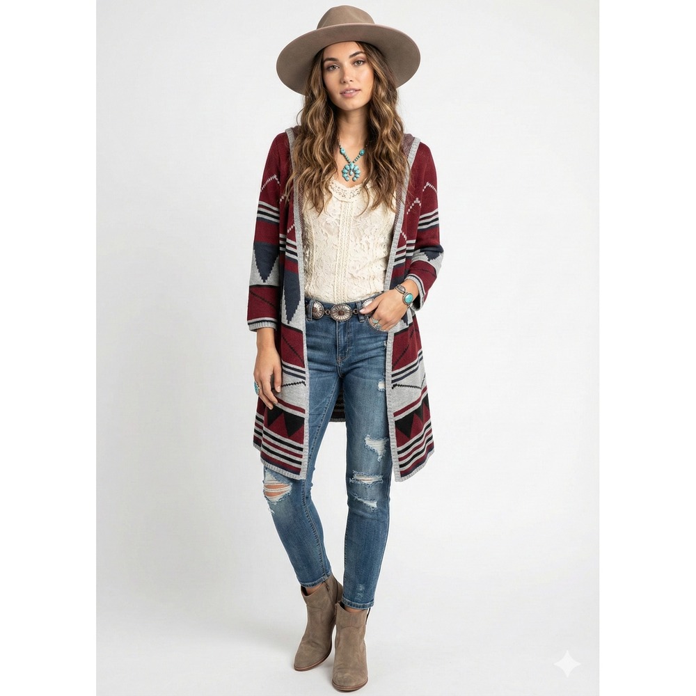 Diva D Cardigan Womens L Gray Red‎ Aztec Geometric Western Hooded Duster Sweater